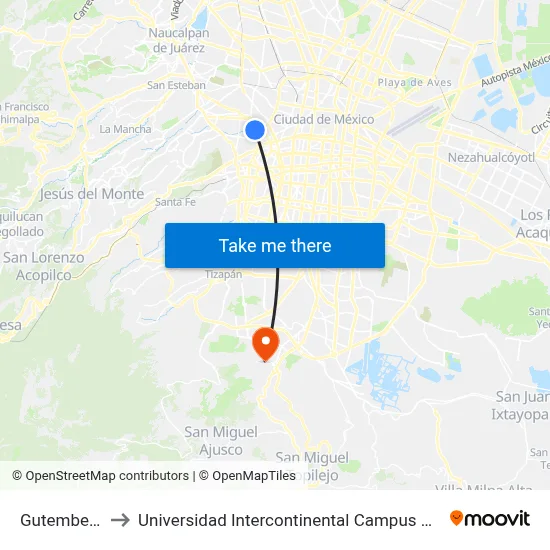 Gutemberg to Universidad Intercontinental Campus Sur map