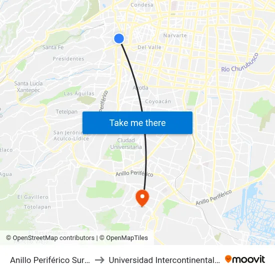 Anillo Periférico Sur - Calle 10 to Universidad Intercontinental Campus Sur map