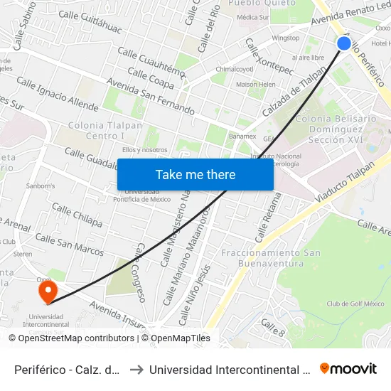 Periférico - Calz. de Tlalpan to Universidad Intercontinental Campus Sur map