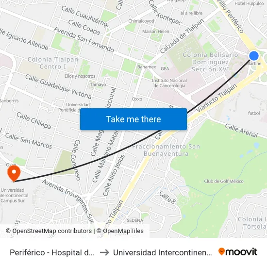 Periférico - Hospital de Cardiología to Universidad Intercontinental Campus Sur map