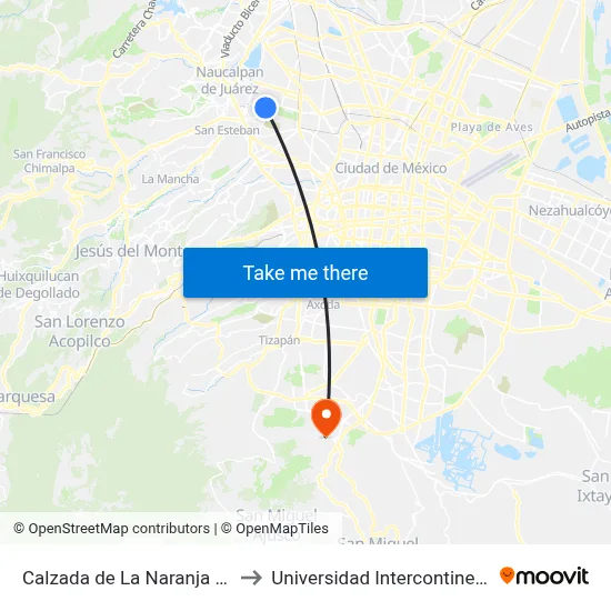 Calzada de La Naranja - Calz. Ahuizotla to Universidad Intercontinental Campus Sur map