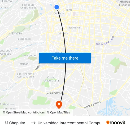 M Chapultepec to Universidad Intercontinental Campus Sur map
