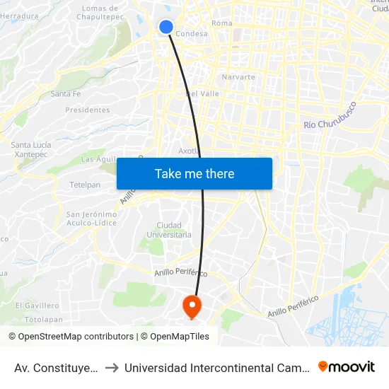 Av. Constituyentes to Universidad Intercontinental Campus Sur map