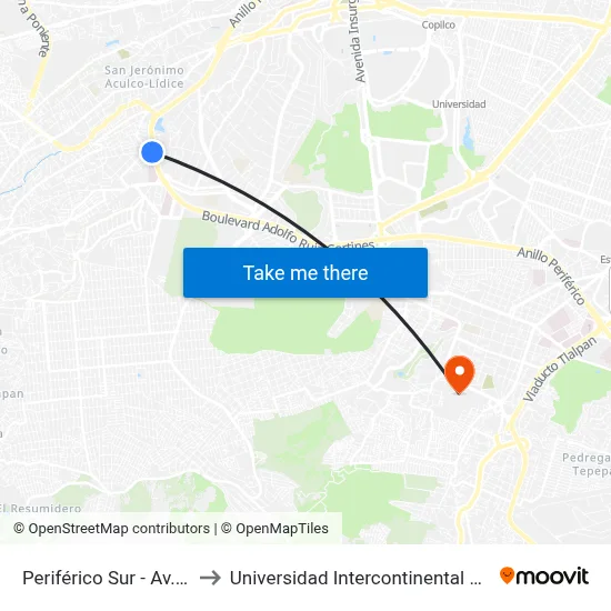 Periférico Sur - Av. Oaxaca to Universidad Intercontinental Campus Sur map