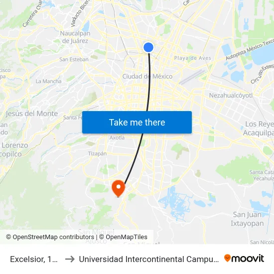 Excelsior, 145c to Universidad Intercontinental Campus Sur map