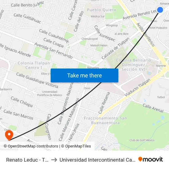 Renato Leduc - Tlalpan to Universidad Intercontinental Campus Sur map
