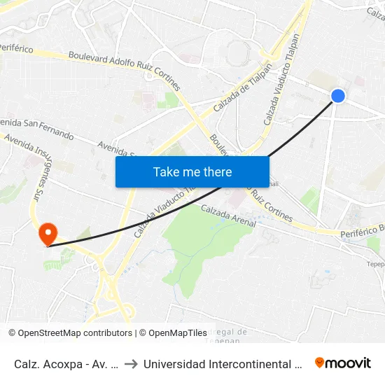 Calz. Acoxpa - Av. Acoxpa to Universidad Intercontinental Campus Sur map