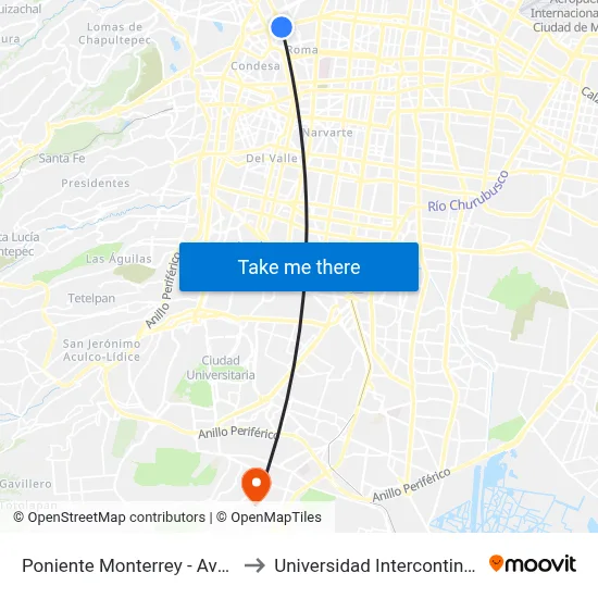 Poniente Monterrey - Avenida Chapultepec to Universidad Intercontinental Campus Sur map