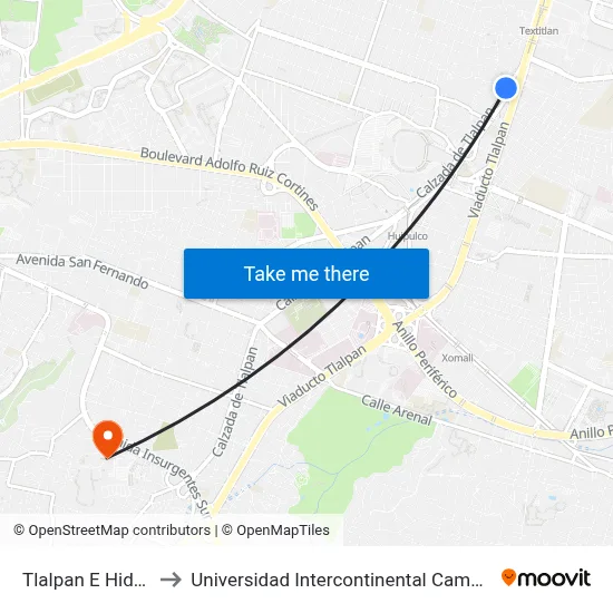 Tlalpan E Hidalgo to Universidad Intercontinental Campus Sur map