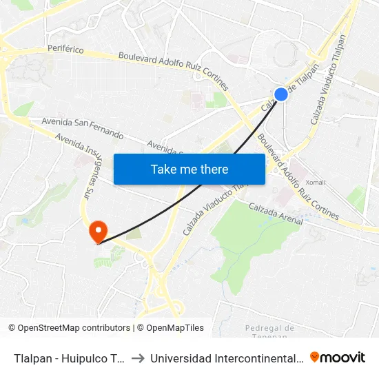 Tlalpan - Huipulco Tren Ligero to Universidad Intercontinental Campus Sur map