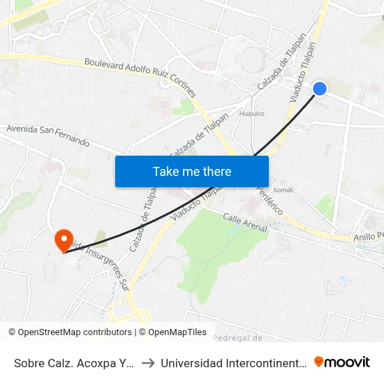 Sobre Calz. Acoxpa Y Av. El Bordo to Universidad Intercontinental Campus Sur map