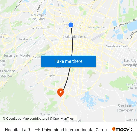 Hospital La Raza to Universidad Intercontinental Campus Sur map