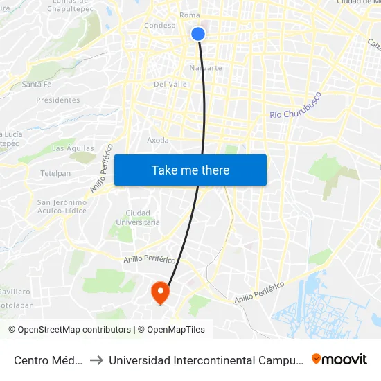 Centro Médico to Universidad Intercontinental Campus Sur map