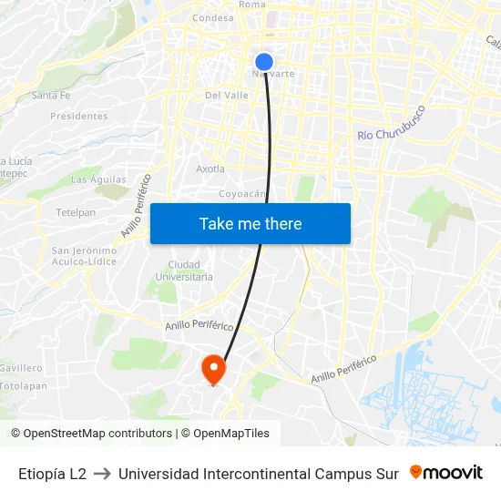 Etiopía L2 to Universidad Intercontinental Campus Sur map