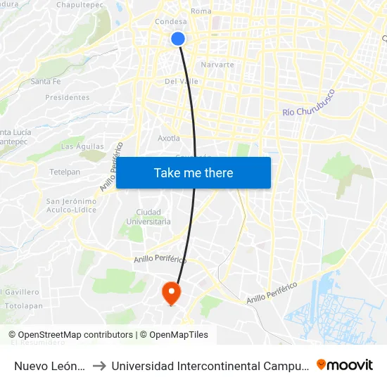 Nuevo León L2 to Universidad Intercontinental Campus Sur map