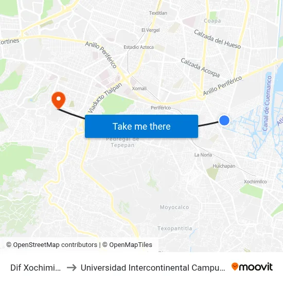 Dif Xochimilco to Universidad Intercontinental Campus Sur map