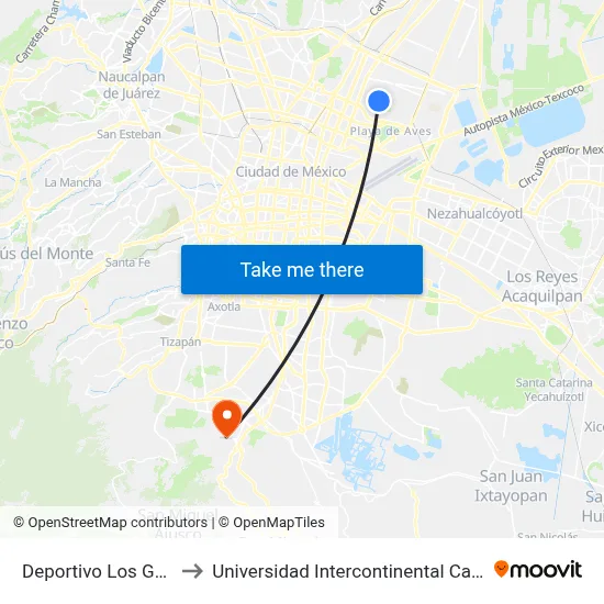 Deportivo Los Galeana to Universidad Intercontinental Campus Sur map