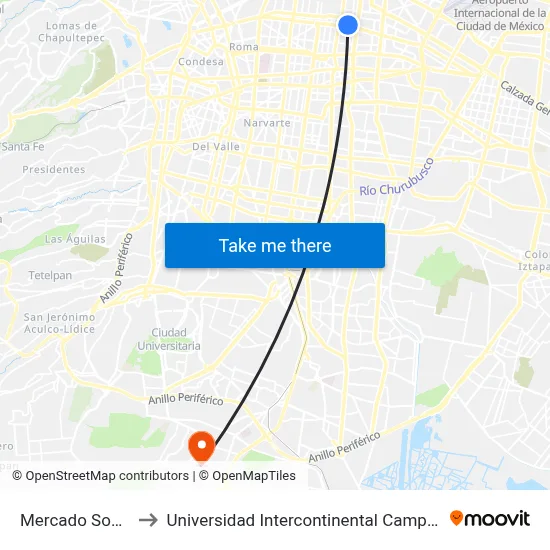 Mercado Sonora to Universidad Intercontinental Campus Sur map