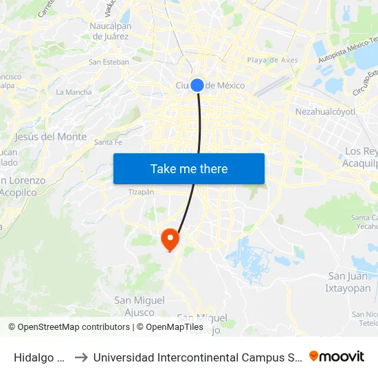 Hidalgo L7 to Universidad Intercontinental Campus Sur map