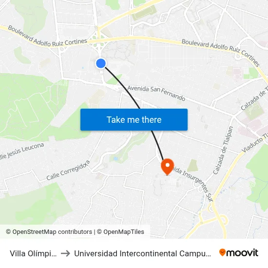 Villa Olímpica to Universidad Intercontinental Campus Sur map