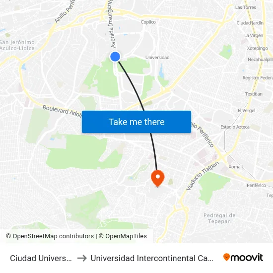 Ciudad Universitaria to Universidad Intercontinental Campus Sur map