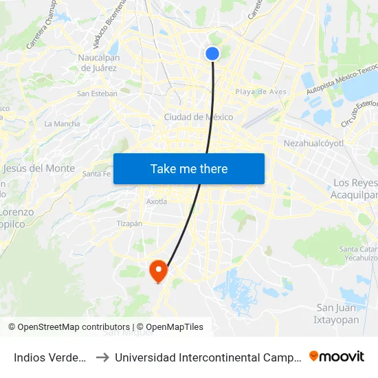 Indios Verdes L1 to Universidad Intercontinental Campus Sur map