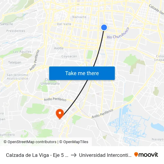 Calzada de La Viga - Eje 5 Sur Playa Villa del Mar to Universidad Intercontinental Campus Sur map