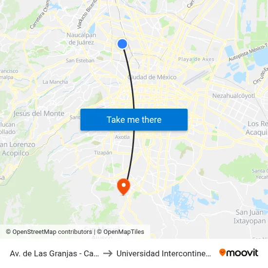 Av. de Las Granjas - Calz. Acalotenco to Universidad Intercontinental Campus Sur map