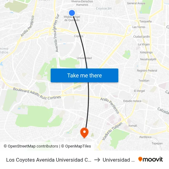 Los Coyotes Avenida Universidad Condominios Para Empleados Federales Coyoacán Cdmx 04359 México to Universidad Intercontinental Campus Sur map