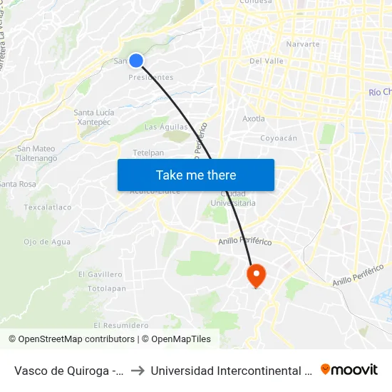 Vasco de Quiroga - Bandera to Universidad Intercontinental Campus Sur map