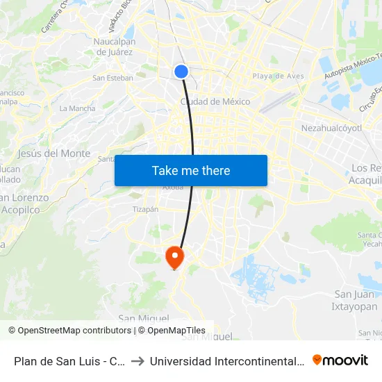 Plan de San Luis - Clavellinas to Universidad Intercontinental Campus Sur map