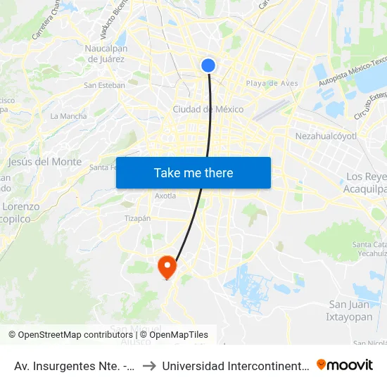 Av. Insurgentes Nte. - C.C. Potrero to Universidad Intercontinental Campus Sur map