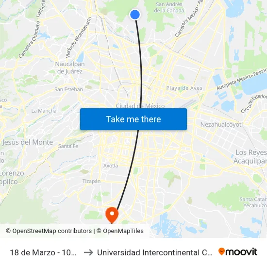 18 de Marzo - 100 Metro to Universidad Intercontinental Campus Sur map