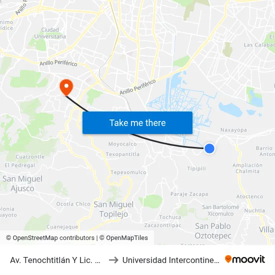 Av. Tenochtitlán Y Lic. Pedro Benavides to Universidad Intercontinental Campus Sur map