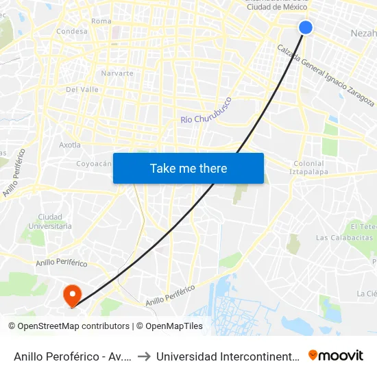 Anillo Peroférico - Av. Xochimilco to Universidad Intercontinental Campus Sur map