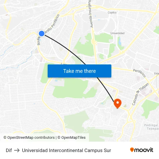 Dif to Universidad Intercontinental Campus Sur map