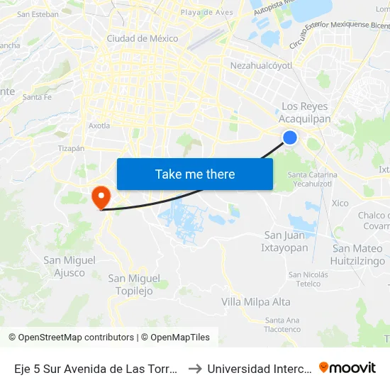 Eje 5 Sur Avenida de Las Torres - Unión de Colonos / Plaza Civica to Universidad Intercontinental Campus Sur map
