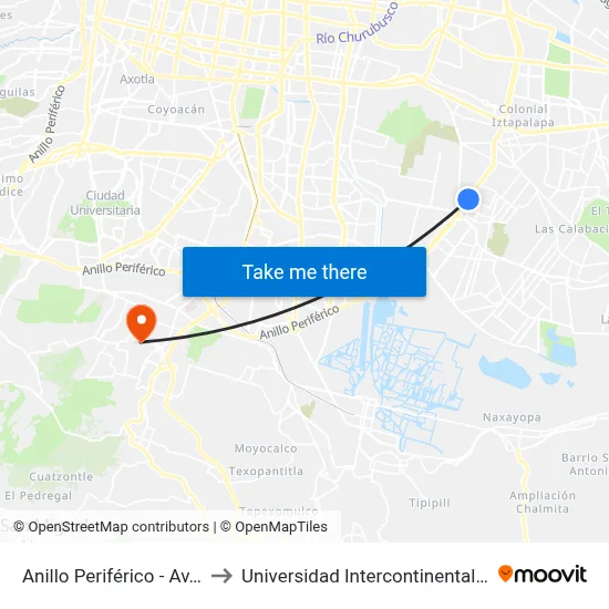 Anillo Periférico - Av. Reforma to Universidad Intercontinental Campus Sur map