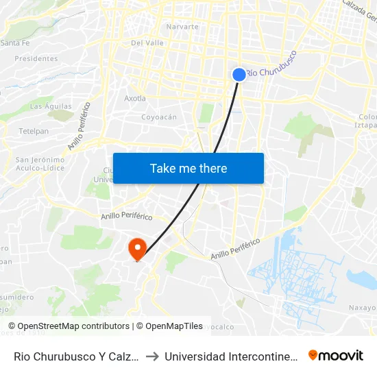 Rio Churubusco Y Calzada de La Viga to Universidad Intercontinental Campus Sur map