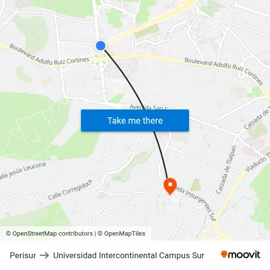 Perisur to Universidad Intercontinental Campus Sur map