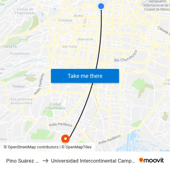Pino Suárez Sur. to Universidad Intercontinental Campus Sur map