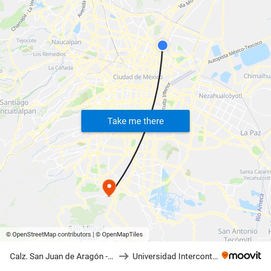 Calz. San Juan de Aragón - Av. Ing. Eduardo Molina to Universidad Intercontinental Campus Sur map