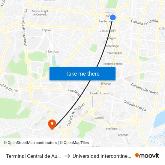 Terminal Central de Autobuses del Sur to Universidad Intercontinental Campus Sur map