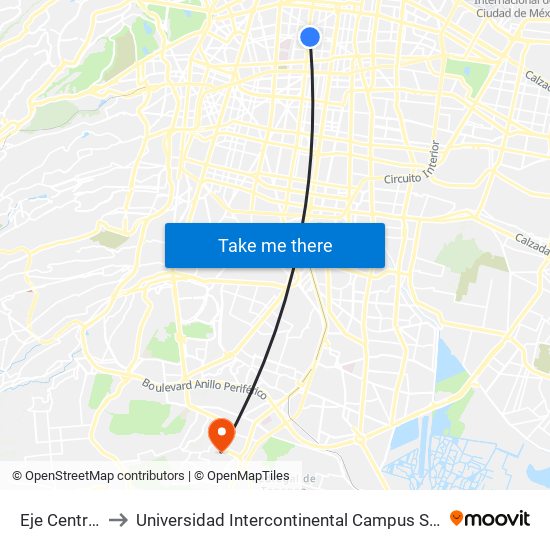 Eje Central to Universidad Intercontinental Campus Sur map