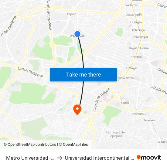 Metro Universidad - Anden B to Universidad Intercontinental Campus Sur map