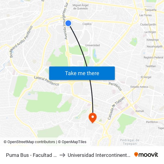 Puma Bus - Facultad de Filosofía to Universidad Intercontinental Campus Sur map