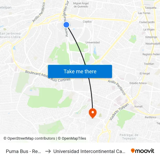 Puma Bus - Rectoría to Universidad Intercontinental Campus Sur map
