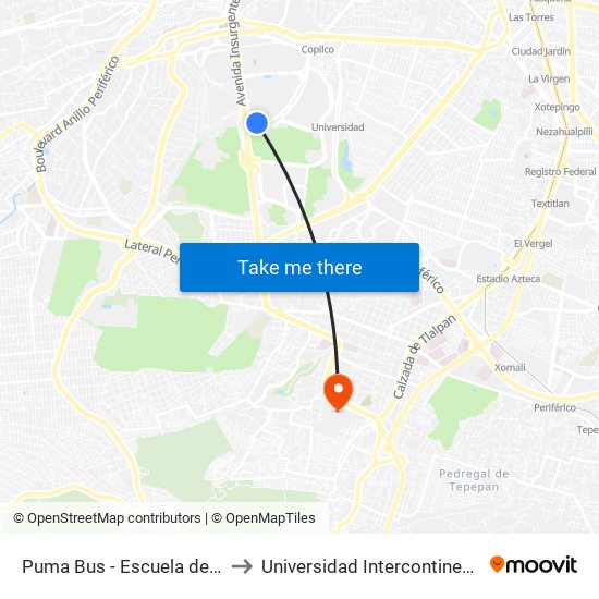 Puma Bus - Escuela de Trabajo Social to Universidad Intercontinental Campus Sur map