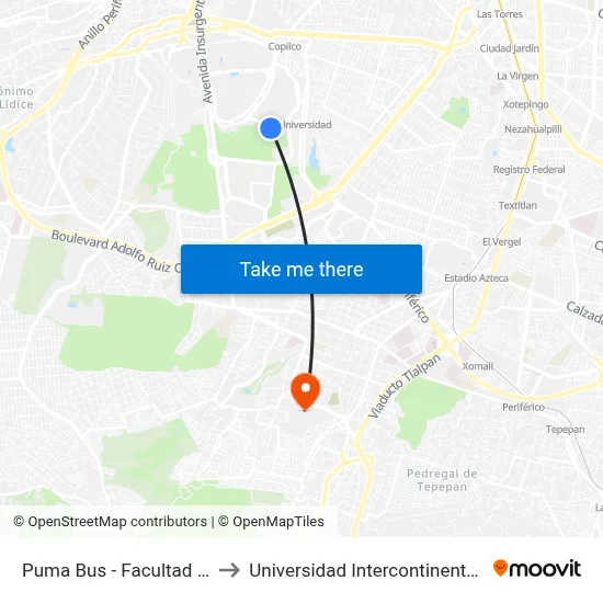 Puma Bus - Facultad de Ciencias to Universidad Intercontinental Campus Sur map