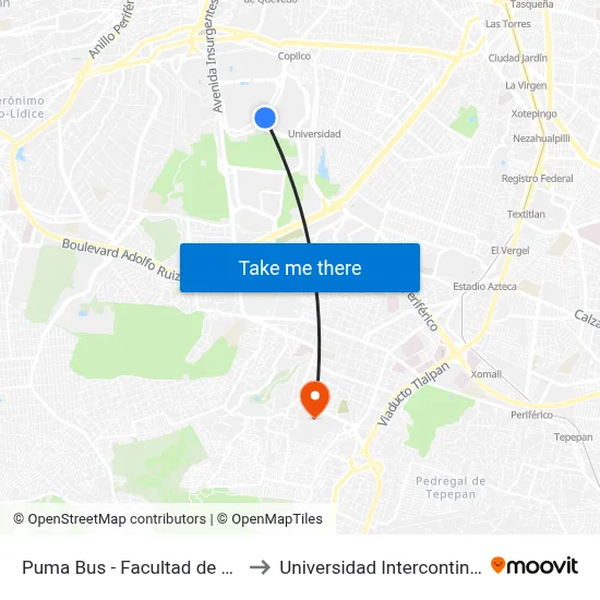 Puma Bus - Facultad de Ciencias Profesores to Universidad Intercontinental Campus Sur map